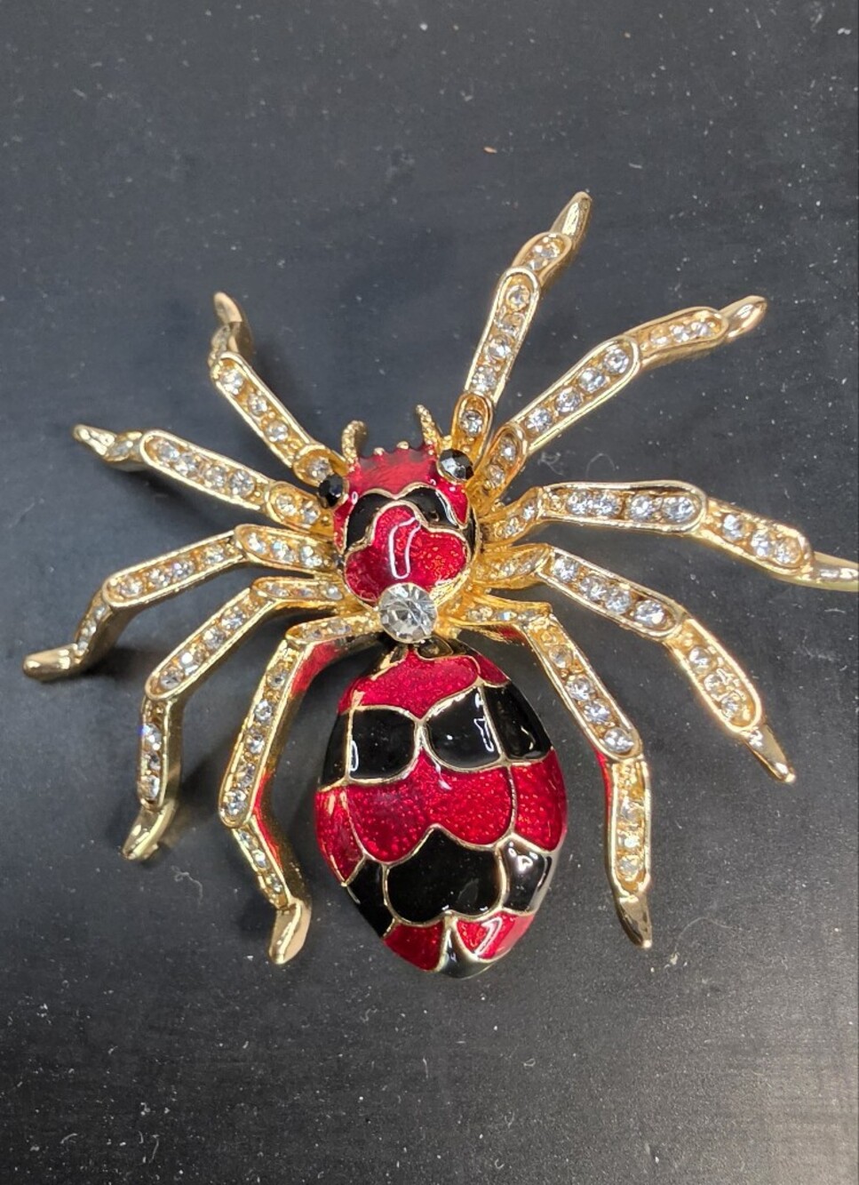 Gold Crystal Spider Brooch with Red and Black Enamel
